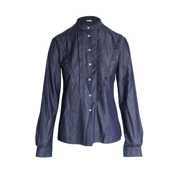 Miu Miu Ruffled Shirt in Blue Cotton - Picture 1 of 6